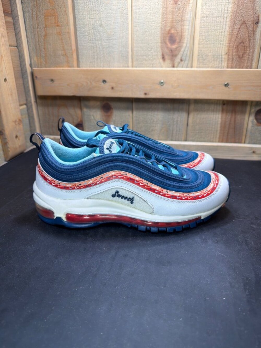 Nike Big Kids 7Y Air Max 97 Script Swoosh Blue Void Sneakers CQ4818-400